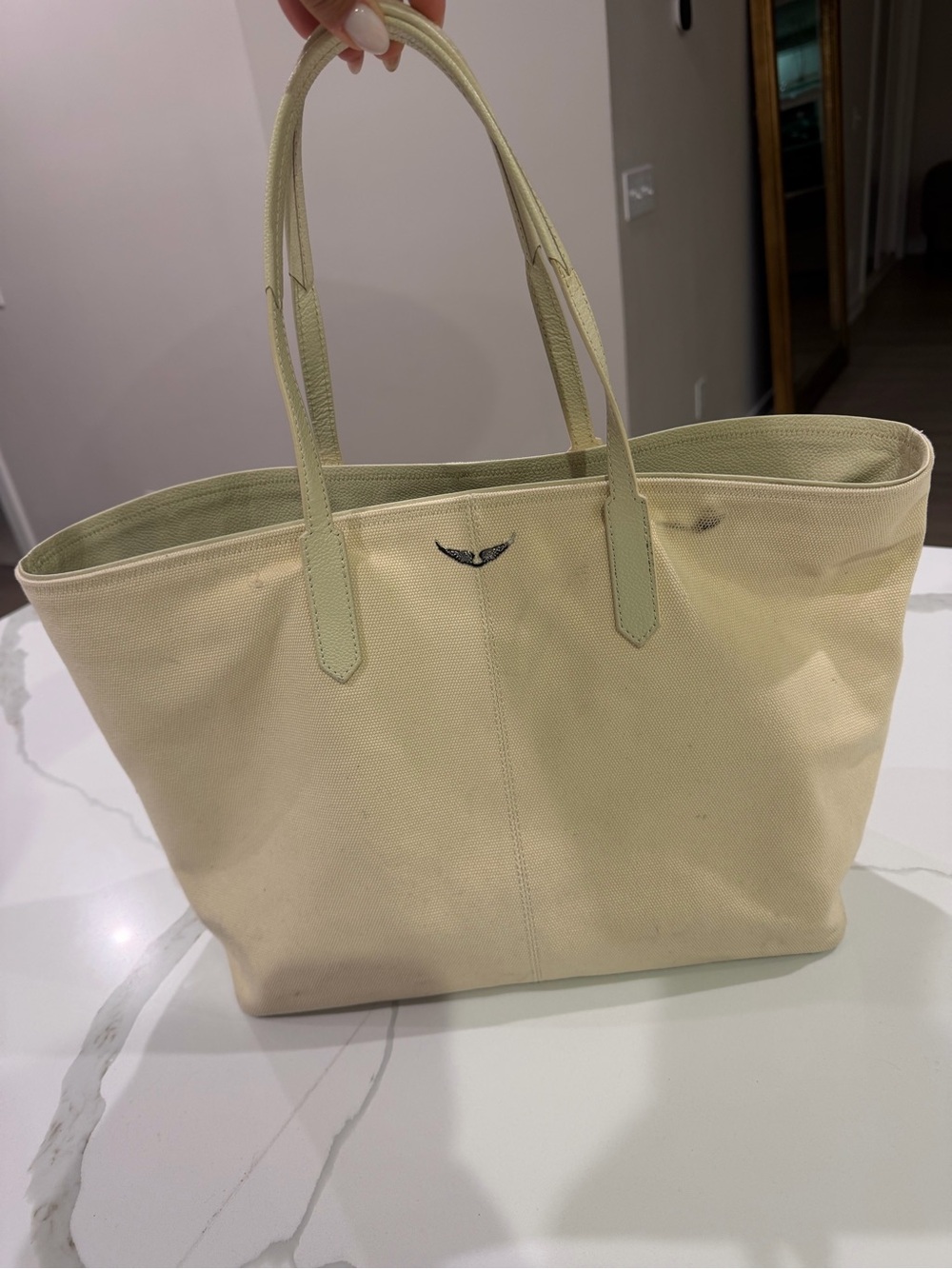 Zadig & Voltaire Cream Canvas Tote with Pale Green Trim